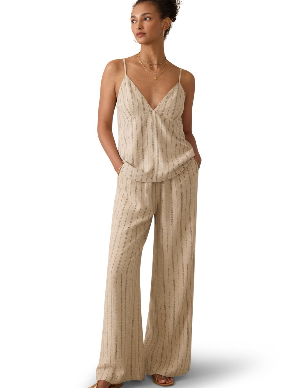 Faherty Riviera Linen Blend Stripe Wide Leg Pants Beige Medium